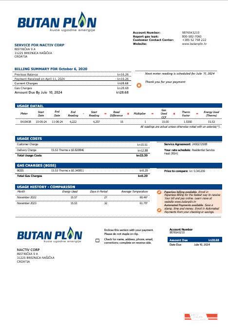 Croatia BUTAN PLIN doo gas business utility bill template in word and pfd formats PSD template